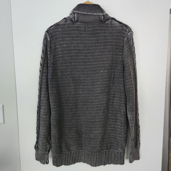 ROCK & REPUBLIC Mens‎ Cable Knit Fisherman Sweater Grey Washed Lapel CollarLarge - Picture 4 of 8